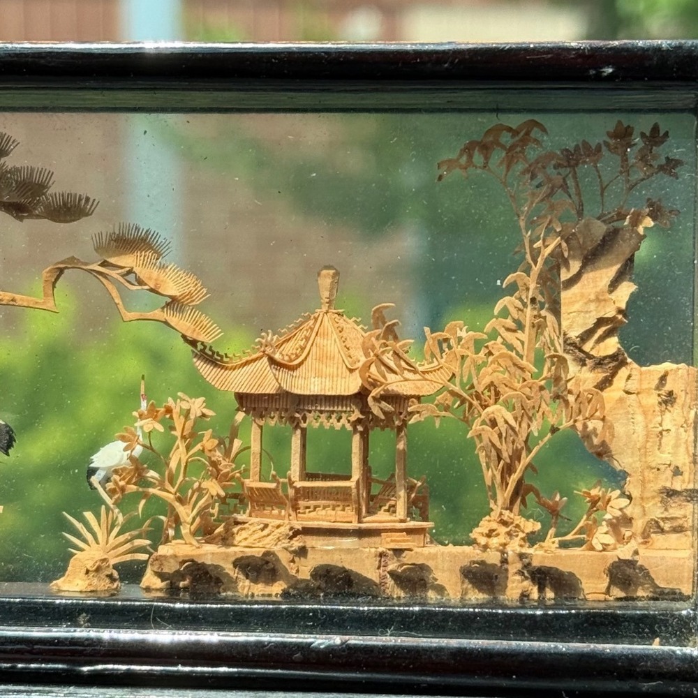 Vintage Chinese art cork diorama pagoda cranes glass‎ lacquer #213 - Picture 3 of 8